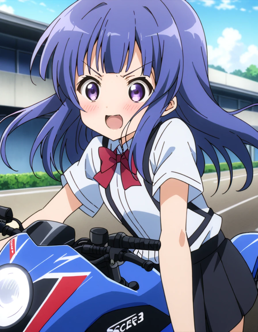 score_9, score_8_up, score_7_up, score_6_up, source_anime,,,,1girl, solo, furude rika, (tween:1), kawaii, blue hair, purple eyes, long hair, blunt bangs, bangs, bow, skirt, shirt, suspenders, smile, short sleeves, pleated skirt, white shirt, open mouth, red bow, ^_^, suspender skirt, , black skirt, collared shirt, blush, bowtie, blunt bangs, dress shirtt, , anime coloring.serious,(a girl riding a motorcycle at full speed:1.3),(from side),),,,(serious expression:1.1)、