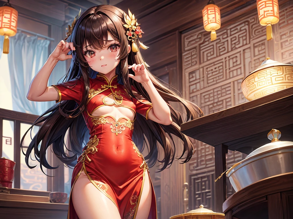 (((depict little girl))), long brown hair, straight hair, brown eyes, Chinese jewelry, stand up, cooking, sexy pose, small breasts, shy, focused, (nice hips), (show hips), (open hips), (((ftight chinese dress))), red dress, (no underwear), (show breasts), (shape of the nipples), (Masterpiece, Excellent, complex details), delicate girl, delicate face, make up