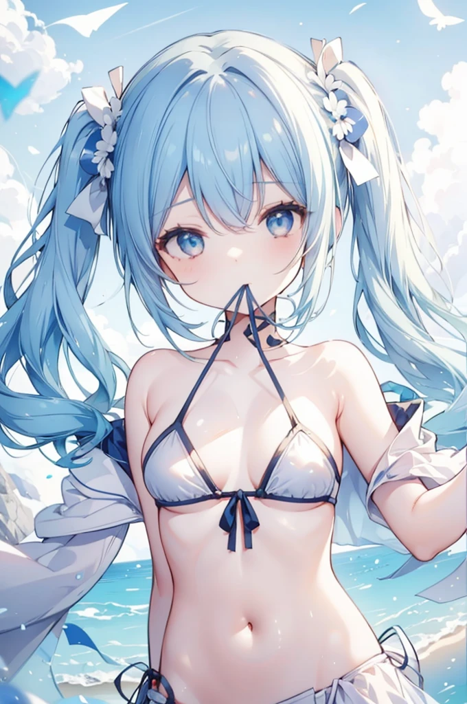 upper body, 1girl, wallpaper, light particles, beach, background, look at viewer, light blue hair, long hair, twintails, white eyes, mouth hold, bikini