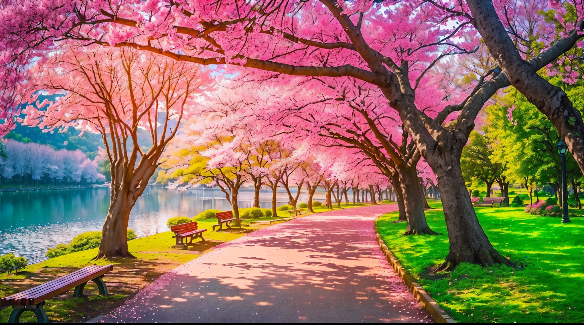 a view of a park with benches and trees along a path, cherry blossom trees, blossoming path to heaven, cherry blossom forest, beatiful backgrounds, pink trees, really beautiful nature, beautiful trees, cherry trees, sakura trees, beautiful nature, nature scenery, very beautiful scenery, nature in all its beauty, scenic colorful environment, cherry blosom trees