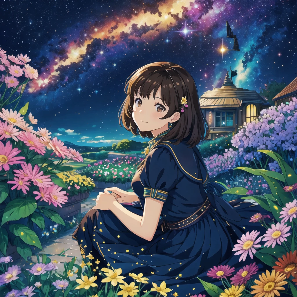 Starry sky, flying house, flower garden, light, Pflanzen, Girl sitting, Brown hair, brown eyes, See, shade, Girl, colorful, Aquarell, cheerful, uhd