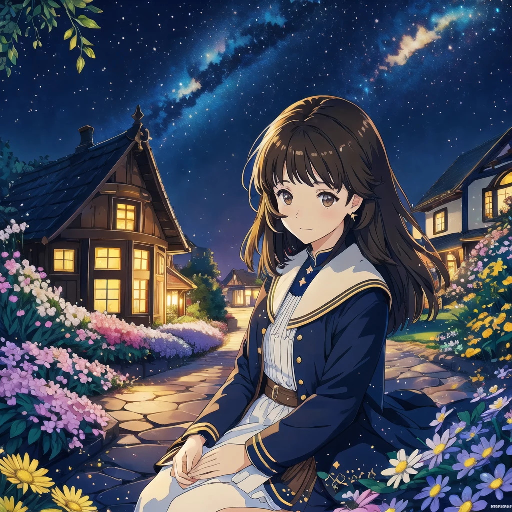 Starry sky, flying house, flower garden, light, Pflanzen, Girl sitting, Brown hair, brown eyes, See, shade, Girl, colorful, Aquarell, cheerful, uhd