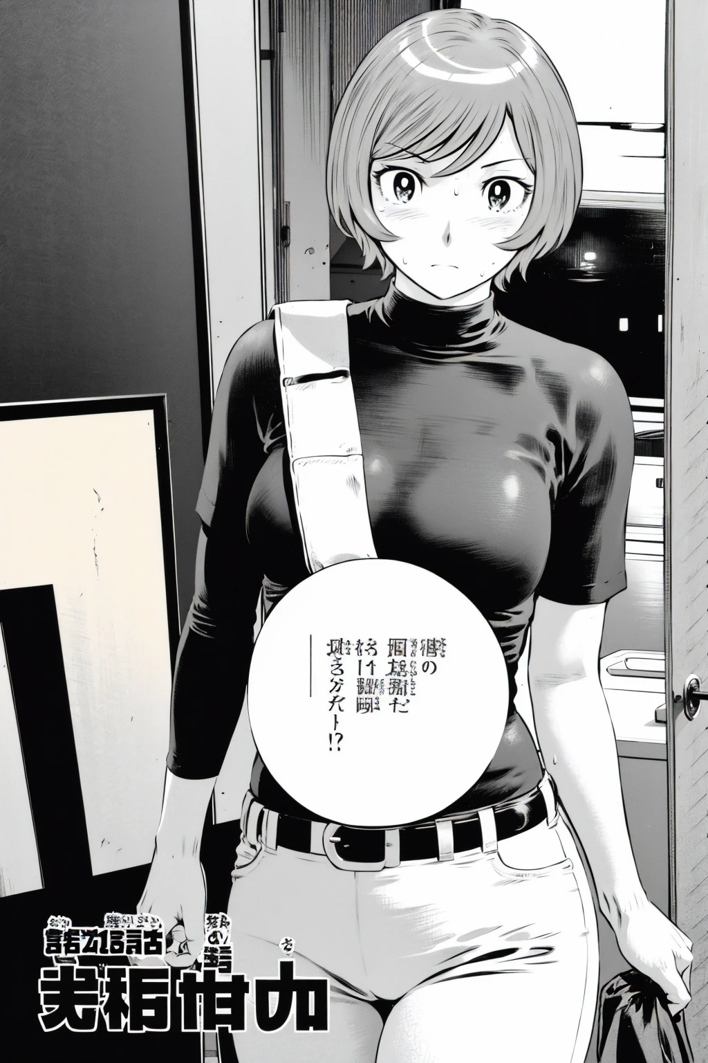 、(masterpiece、Highest quality)、Highest quality, Ultra-high resolution, (((masterpiece))), alone, Sweat、Big eyes,Tight black shirt、Tight white pants、belt、indoor、Composition from the front、(Cut the back hair short、short hair、blonde、woman)、Shortcuts、Embarrassed face、Cut your hair short、可愛いwomanの子、Big Breasts、office