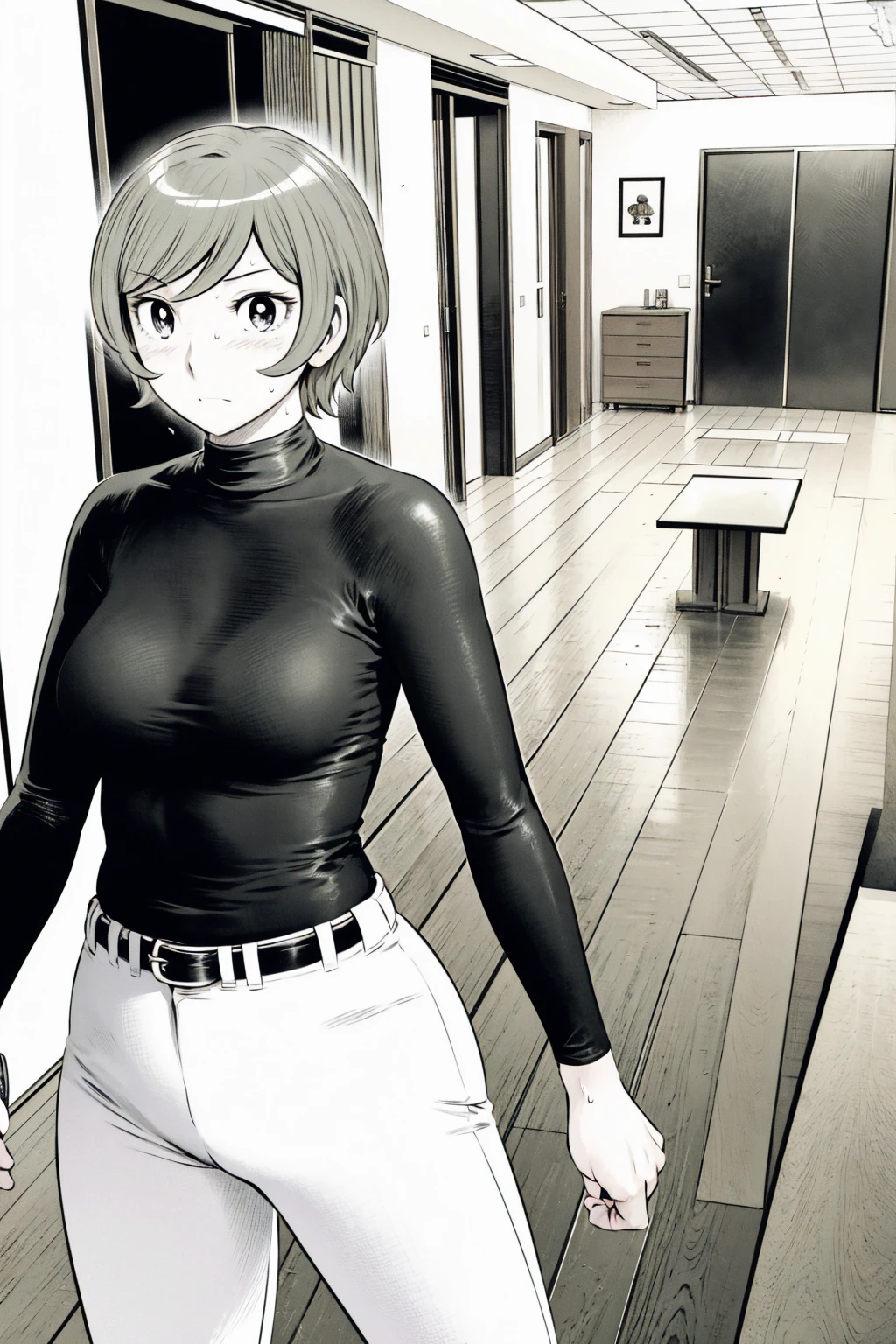 、(masterpiece、Highest quality)、Highest quality, Ultra-high resolution, (((masterpiece))), alone, Sweat、Big eyes,Tight black shirt、Tight white pants、belt、indoor、Composition from the front、（Cut the back hair short、short hair、blonde、woman）、Shortcuts、Embarrassed face、Cut your hair short、可愛いwomanの子、Big Breasts、office