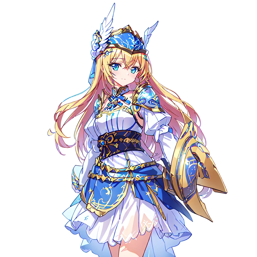 Highest quality, high resolution, High quality game art style, Valkyrie, cowboy shot,Official Art, Smooth game CG art,Cute 3D anime girl render, Visual Novel Sprites, White background,Smooth game CG art, humanoid woman, JRPG Characters, A woman in a white dress and blue armor holding a spear, An intricately designed helmet with white feathers,Small shield, Intricate blue and gold armor,Golden Hair Anime Girl, long hair, Rin々Shii,Large Bust,,