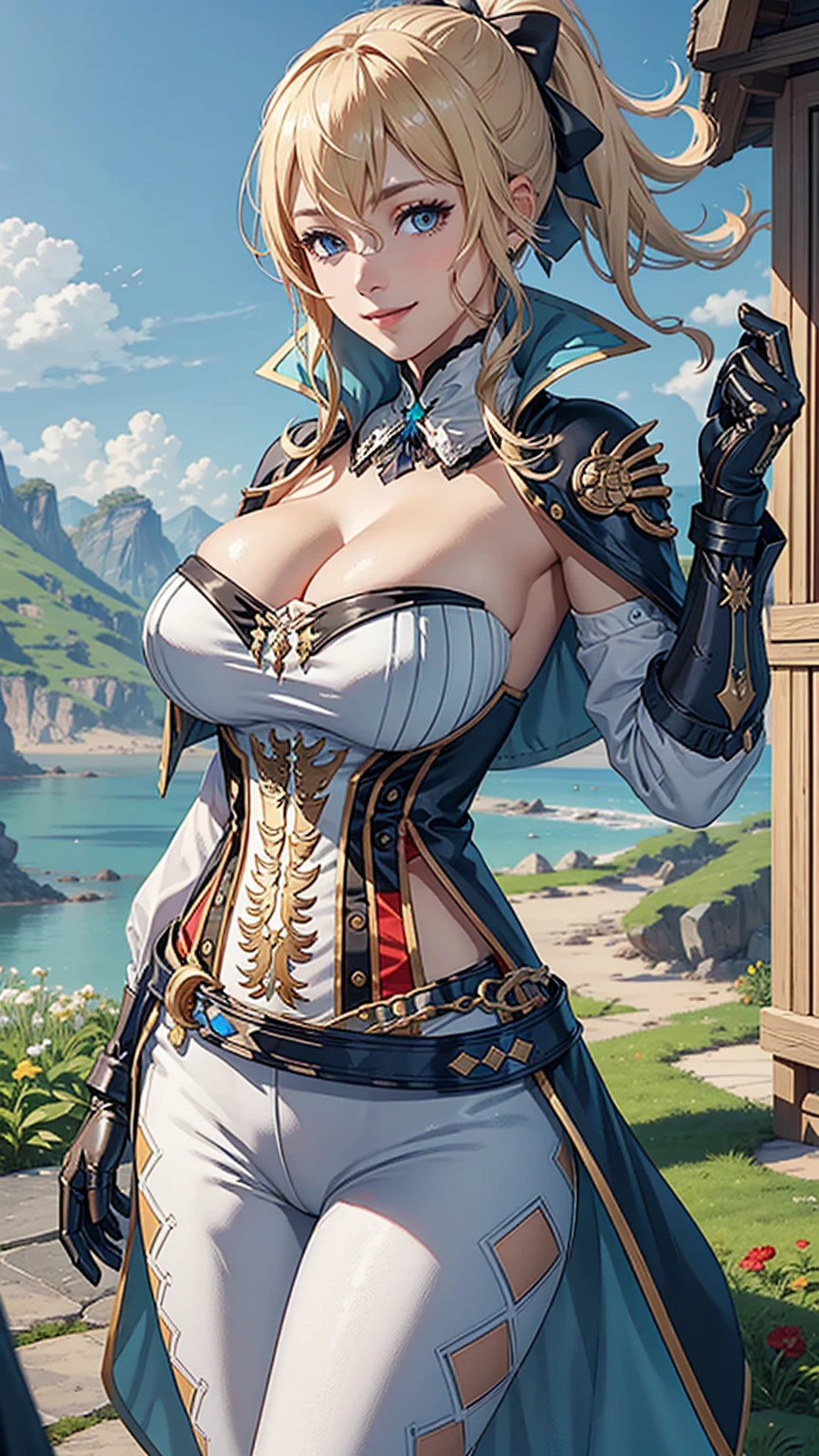 (Jeanfavonian), (narrow waist), detail face, cg, (standing:1), (expansive landscape photography:1.2),(day), big breast, perfect breast,smile, cleavage