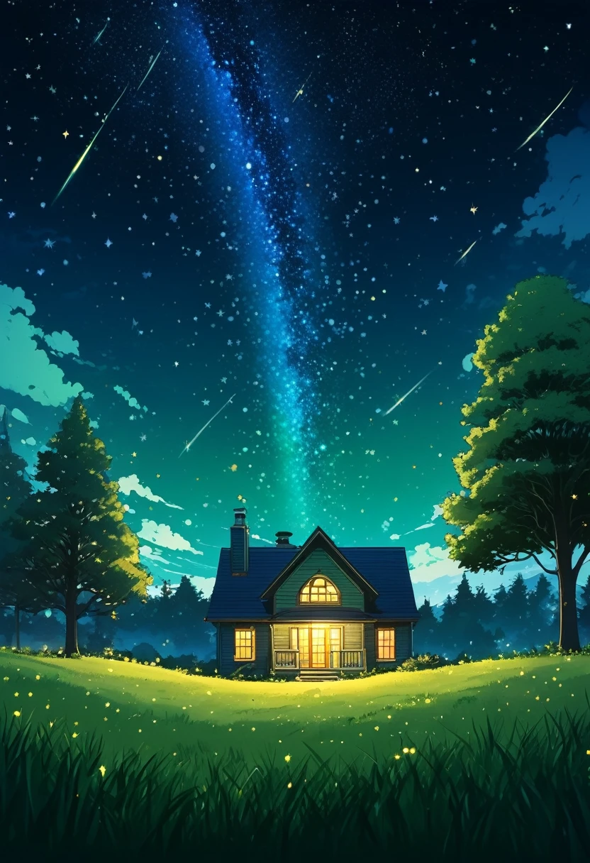 Digital illustration featuring a serene night scene. The layout is vertical, with a small, cozy house at the bottom center, illuminated warmly from within. The house is surrounded by lush green grass and tall trees, with one large tree prominently arching over the house. The sky above is a deep, starry expanse, filled with twinkling stars and a few shooting stars streaking across. Wispy clouds are scattered throughout the sky, adding depth to the scene. The overall color palette is a mix of deep blues, greens, and warm yellows, creating a tranquil and inviting atmosphere. A small speaker icon is visible in the bottom right corner, indicating audio functionality.anime art wallpaper 4k, anime art wallpaper 4 k anime art,wallpaper 8 k,