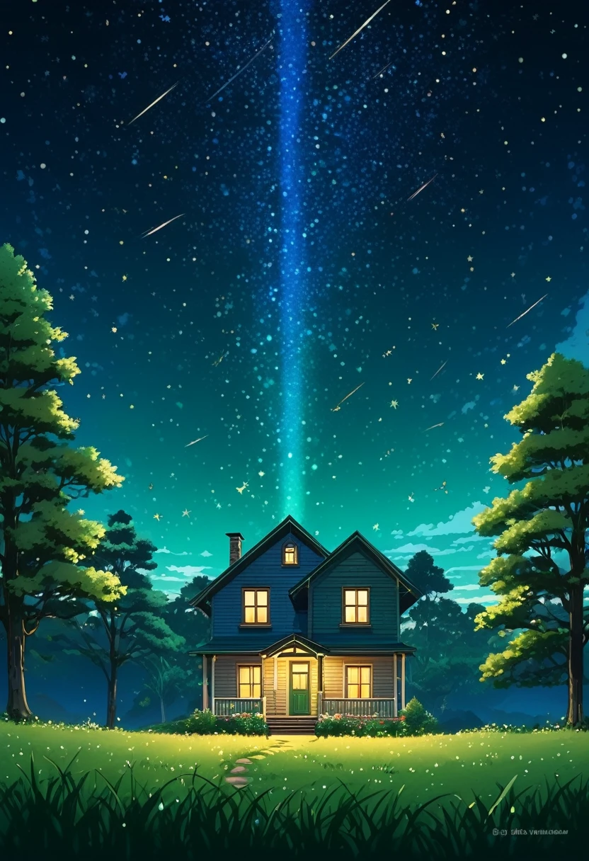 Digital illustration featuring a serene night scene. The layout is vertical, with a small, cozy house at the bottom center, illuminated warmly from within. The house is surrounded by lush green grass and tall trees, with one large tree prominently arching over the house. The sky above is a deep, starry expanse, filled with twinkling stars and a few shooting stars streaking across. Wispy clouds are scattered throughout the sky, adding depth to the scene. The overall color palette is a mix of deep blues, greens, and warm yellows, creating a tranquil and inviting atmosphere. A small speaker icon is visible in the bottom right corner, indicating audio functionality.anime art wallpaper 4k, anime art wallpaper 4 k anime art,wallpaper 8 k,