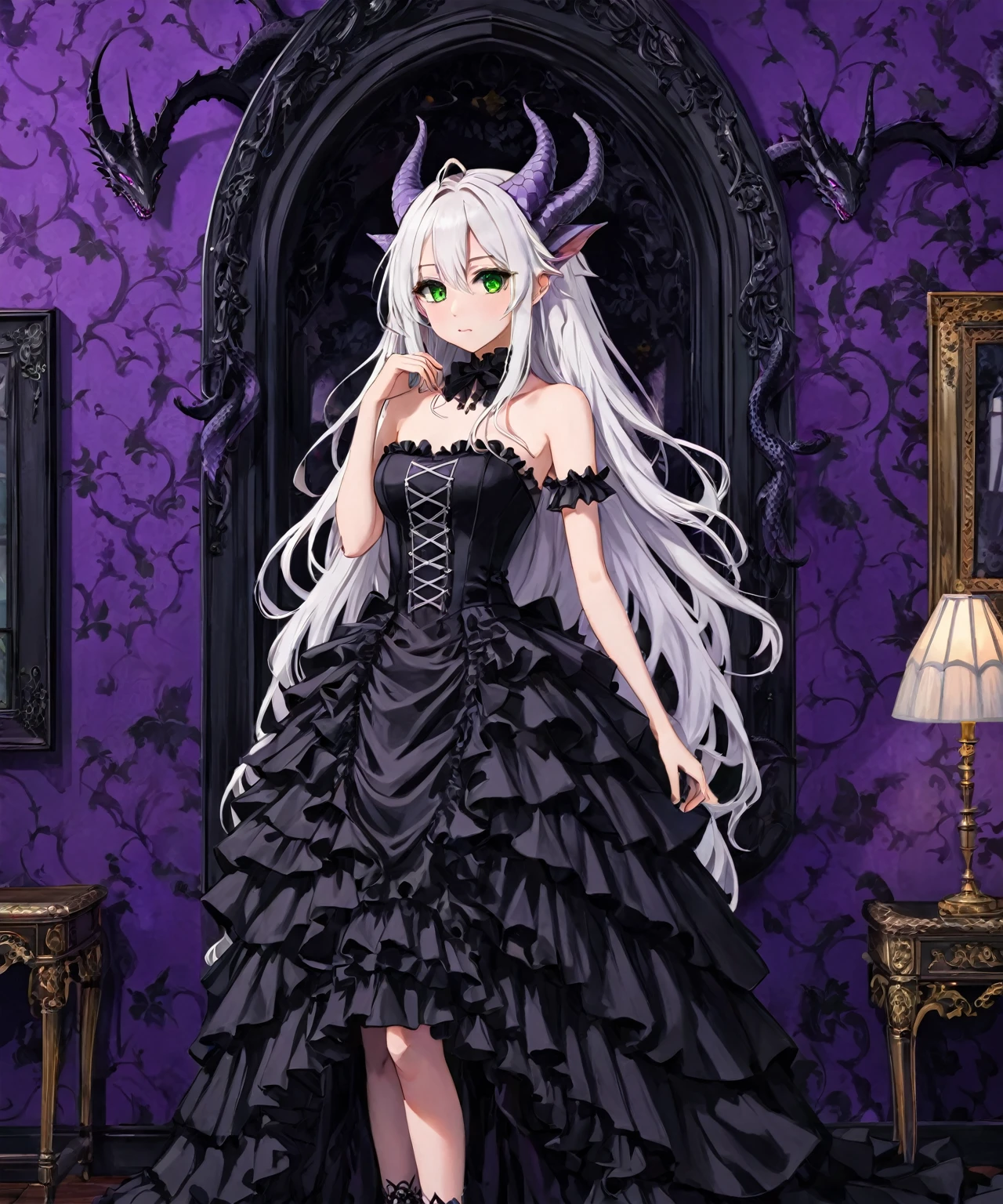 beautiful gothic anime girl with long white hair with dragon horns on top, green eyes, wearing a strapless black formal dress with white ruffle laces layered down, inside of a gothic themed traditional room with purple & black walls, 1girl, portrait