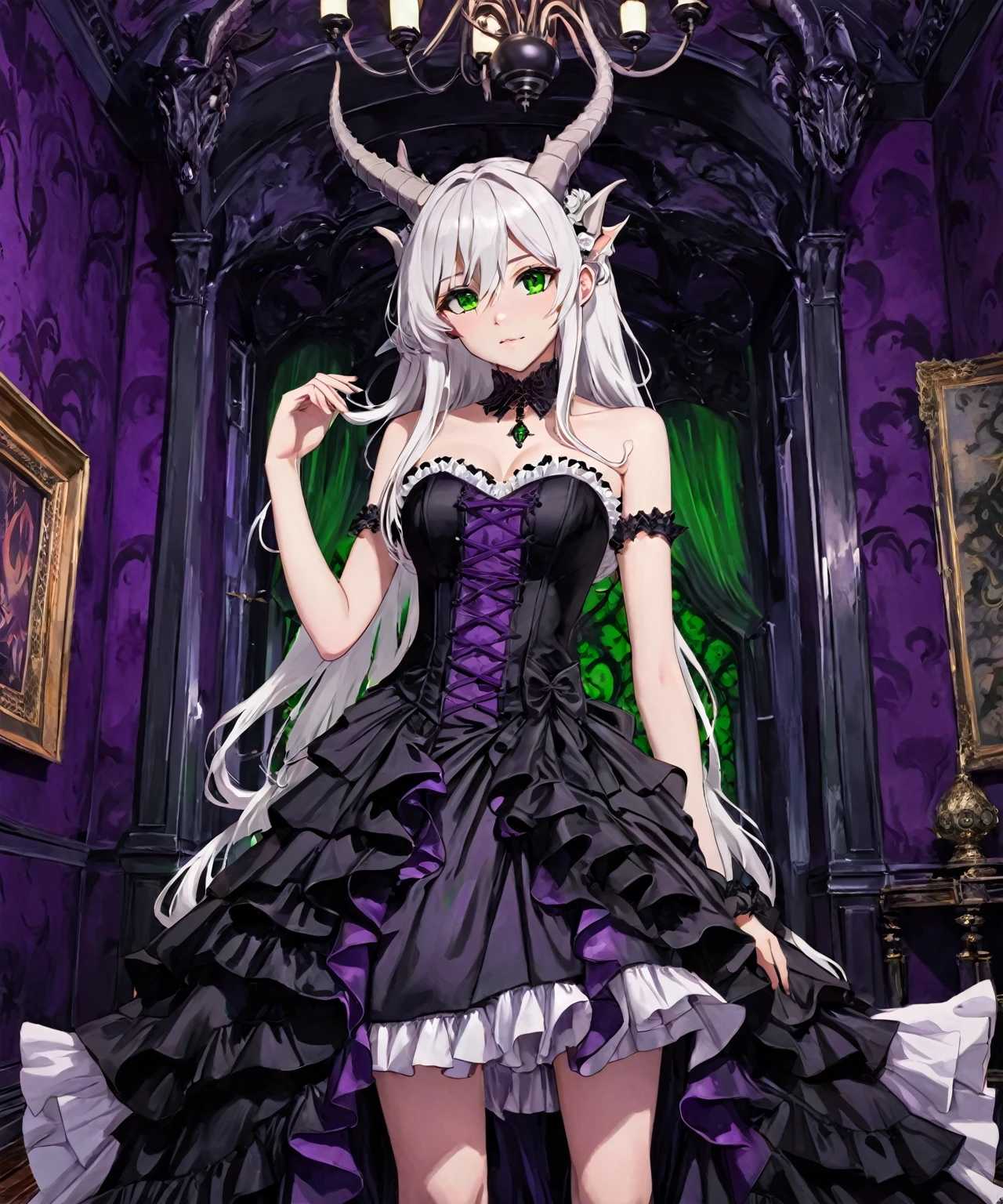 beautiful gothic anime girl with long white hair with dragon horns on top, green eyes, wearing a strapless black formal dress with white ruffle laces layered down, inside of a gothic themed traditional room with purple & black walls, 1girl, portrait