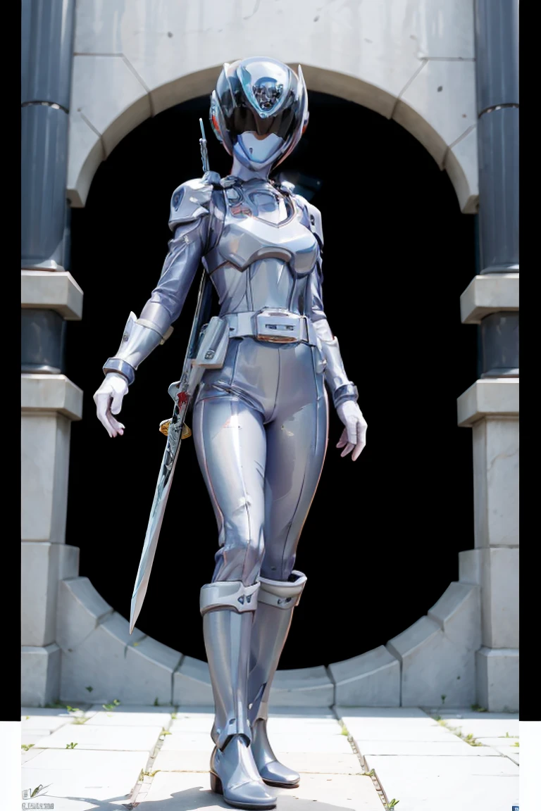 1girl, white costume, full body, Illustration, cinematic light, high resolution, best quality, ultra detailed, masterpiece, power suit, powerranger, suit, spd, (silver royal guard ranger suit), gold detail, holding sword,