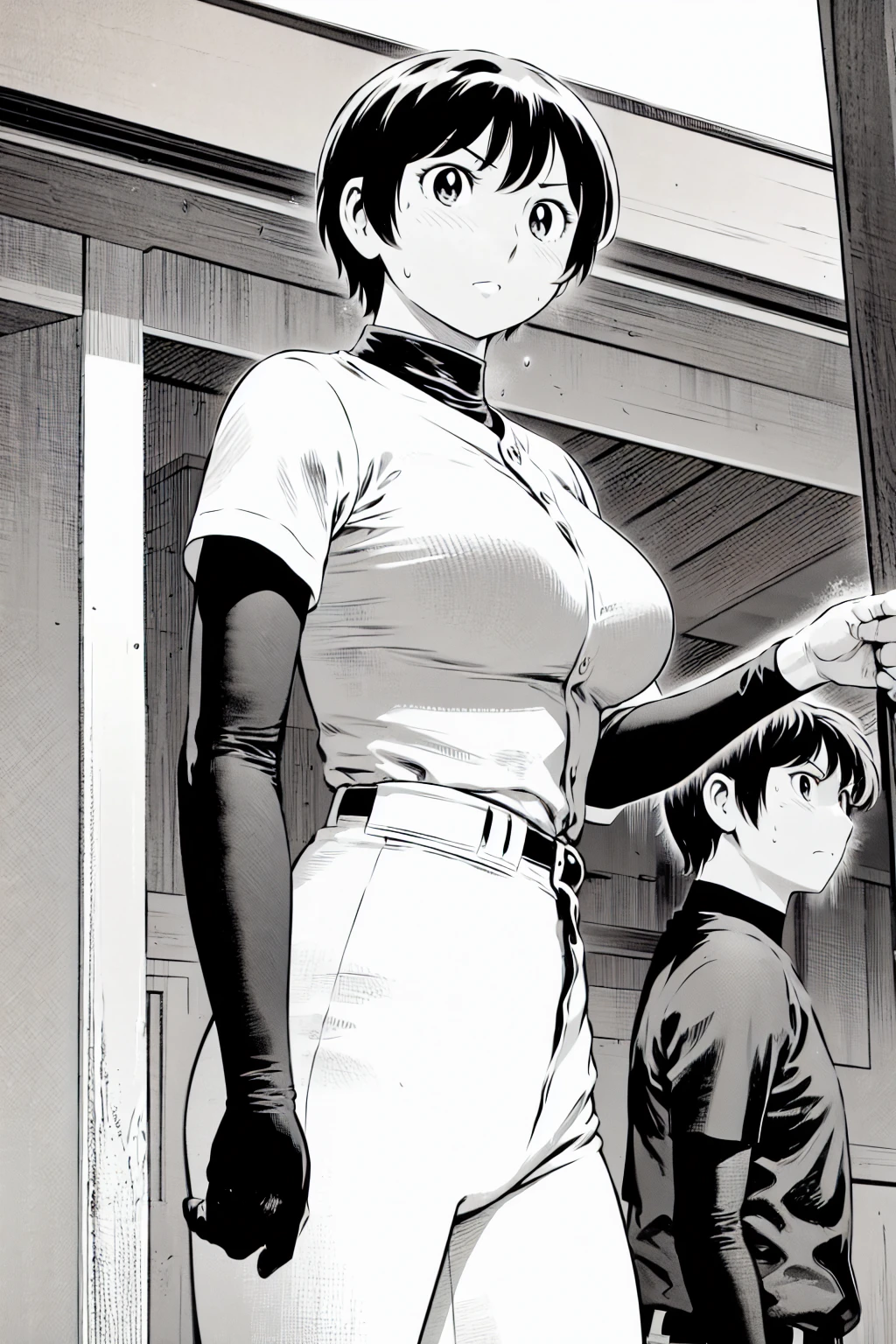 、(masterpiece、Highest quality)、Highest quality, Ultra-high resolution, (((masterpiece))), alone, Sweat、Big eyes,Tight black shirt、Tight white pants、belt、indoor、Composition from the front、(Cut the back hair short、short hair、blonde、woman)、Shortcuts、Embarrassed face、Cut your hair short、可愛いwomanの子、Big Breasts、Inside the room、Full Color、Baseball uniform
