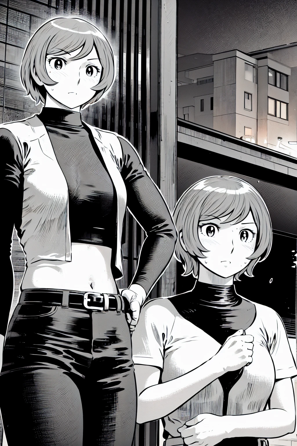 、(masterpiece、Highest quality)、Highest quality, Ultra-high resolution, (((masterpiece))), alone, Sweat、Big eyes,Tight black shirt、Tight white pants、belt、indoor、Composition from the front、（Cut the back hair short、short hair、blonde、woman）、Shortcuts、Embarrassed face、Cut your hair short、可愛いwomanの子、Big Breasts、Inside the room、Full Color、Baseball uniform