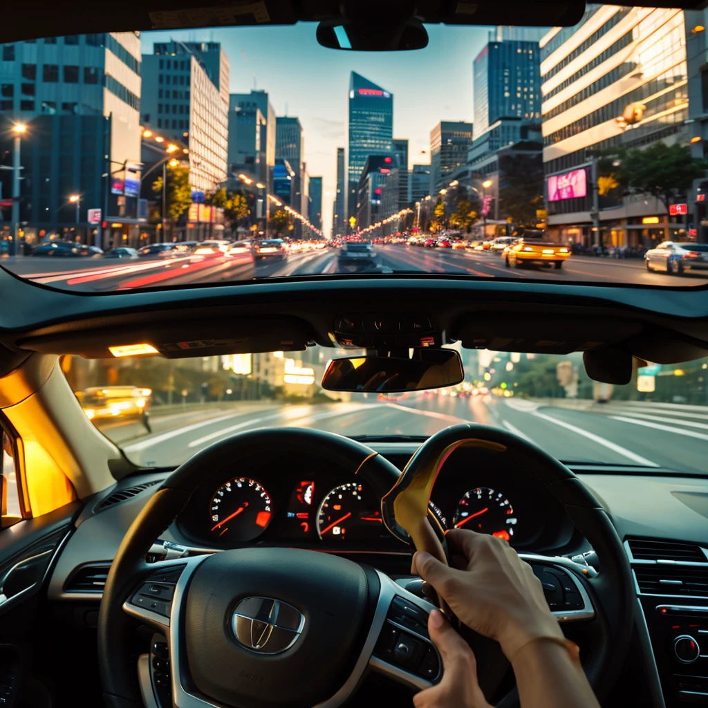 A golden retriever driving a car, seen from the front on a city street, detailed, cinematic lighting, photorealistic, 8k, masterpiece, ultra-detailed, sharp focus, physically-based rendering, professional, vivid colors, dramatic lighting, cityscape background, dog wearing a driver's cap and sunglasses, car interior visible with dashboard and steering wheel, motion blur, city buildings and traffic in the background