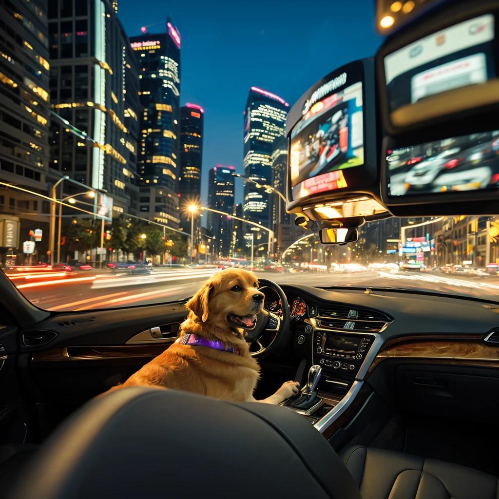 A golden retriever driving a car, seen from the front on a city street, detailed, cinematic lighting, photorealistic, 8k, masterpiece, ultra-detailed, sharp focus, physically-based rendering, professional, vivid colors, dramatic lighting, cityscape background, dog wearing a driver's cap and sunglasses, car interior visible with dashboard and steering wheel, motion blur, city buildings and traffic in the background