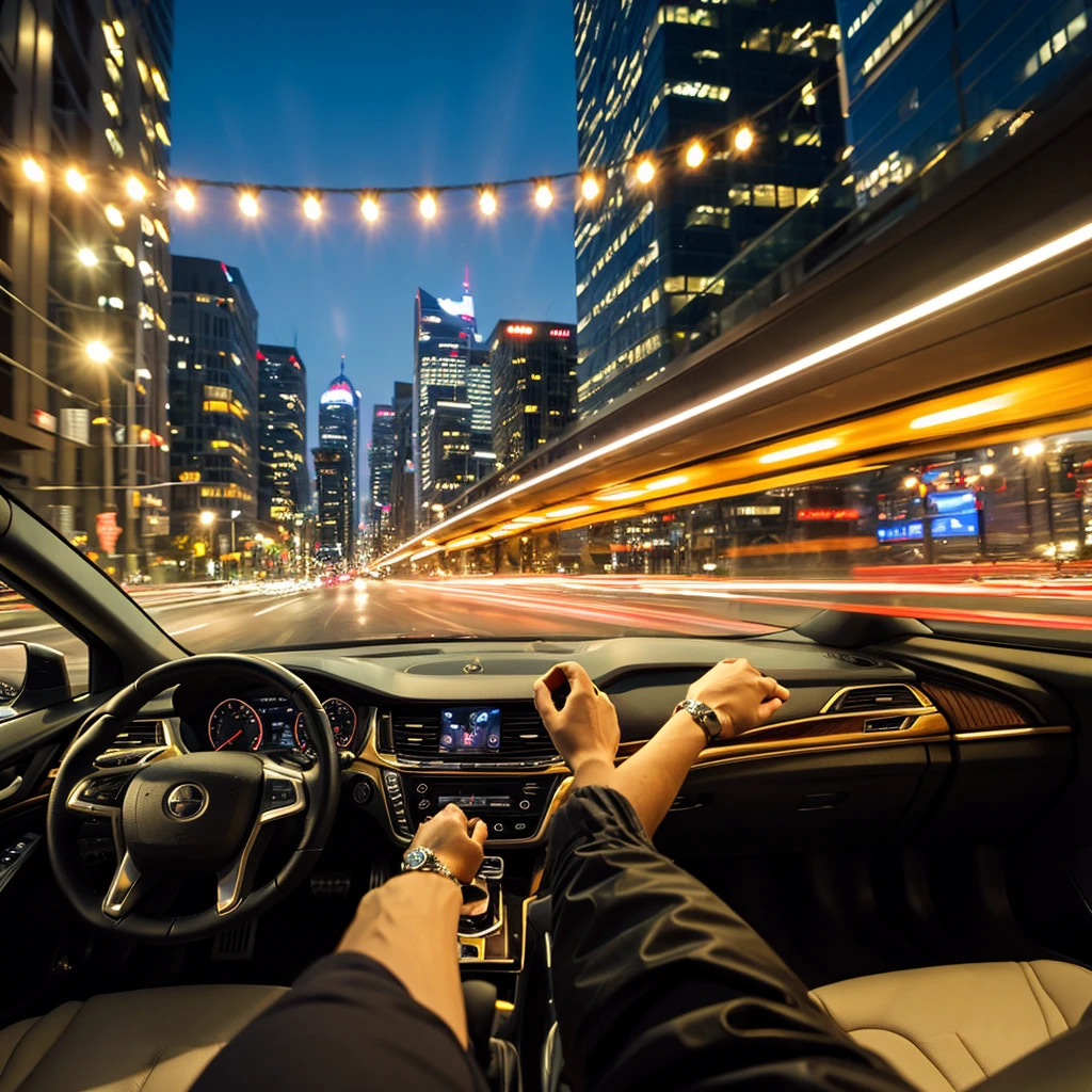 A golden retriever driving a car, seen from the front on a city street, detailed, cinematic lighting, photorealistic, 8k, masterpiece, ultra-detailed, sharp focus, physically-based rendering, professional, vivid colors, dramatic lighting, cityscape background, dog wearing a driver's cap and sunglasses, car interior visible with dashboard and steering wheel, motion blur, city buildings and traffic in the background