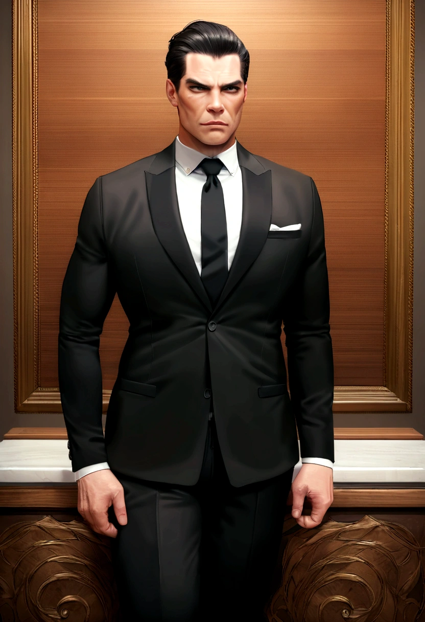 Acima、Make a handsome 25-year-old brunette man in black suit and tie, CEO, cabelos castanhos e barba, (Homem de terno preto e gravata), ), (Use barba,) Attractive and serious look, cabelo preto curto, elegante e elegante, Shave well fitted on suit and strong body, (alta qualidade, imagens realistas), Preto escuro e claro no fundo da imagem, Estilo de filme, ((Qualidade Premier, 8k, Obra-prima), Ultra High Definition Photo, (lindos rostos detalhados, textura da pele do detalhe, Corpo hiperdetalhado:1.1) make him get fat and make his suit tight and make his belly huge and massive and make his cloth be tight from all the fat