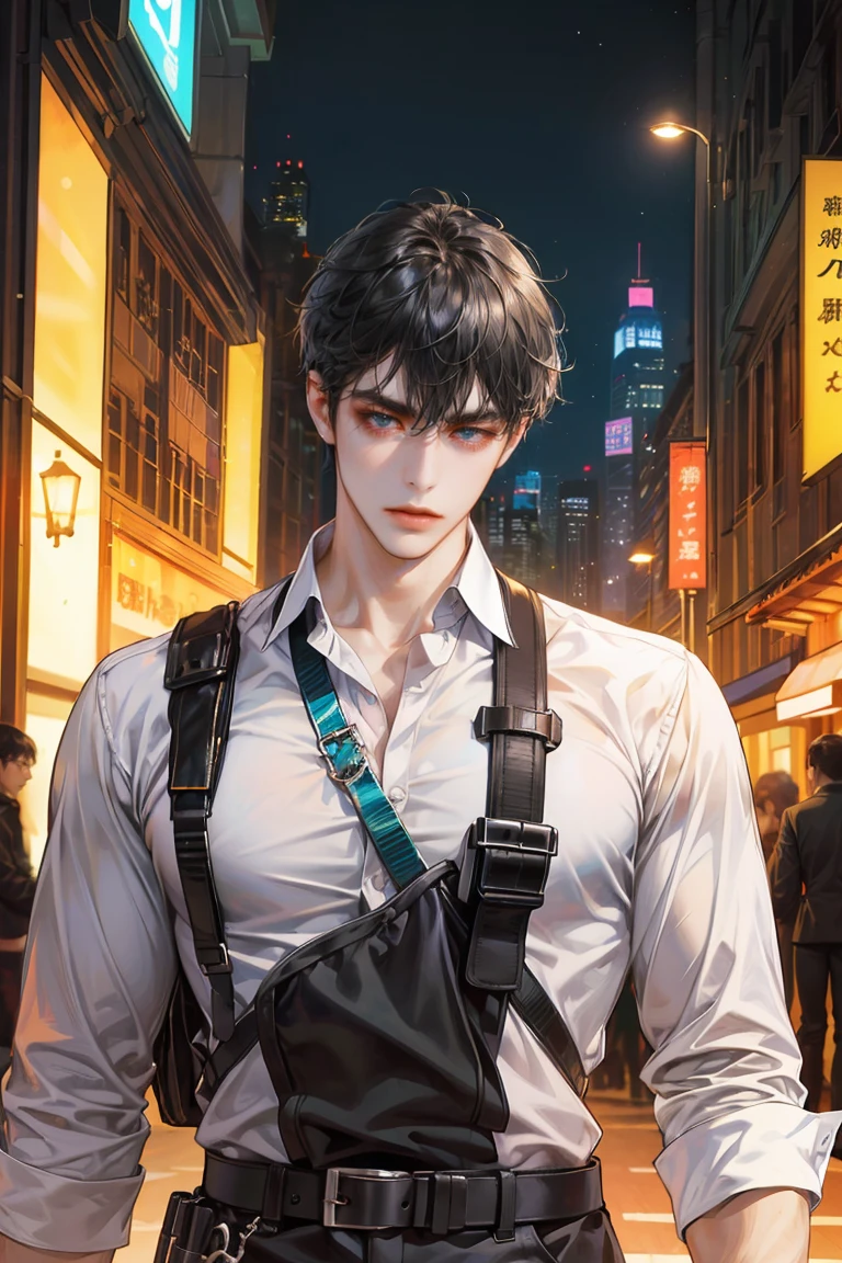 (absurdres, highres, ultra detailed, original character, HDR), 1 boy, solo, adult, handsome, ((tall muscular guy, broad shoulders)), finely detailed eyes, (black hair), hair between eyes, turquoise eyes, holographic, futuristic, casual and sexy outfit, gun holster, (body tight white shirt), ((large man breasts)), ((wearing an earring)), (portrait), dutch angle, face focused, british colonial scenery, dystopian hong kong city, skyscrapers, closed mouth, looking at viewer, depth of field, bokeh