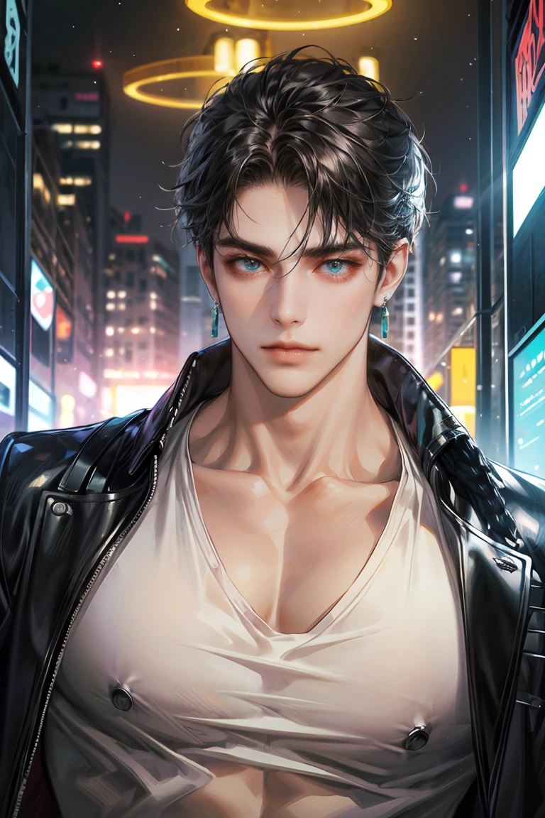 (absurdres, highres, ultra detailed, original character, HDR), 1 boy, solo, adult, handsome, ((tall muscular guy, broad shoulders)), finely detailed eyes, (black hair), hair between eyes, turquoise eyes, holographic, futuristic, casual and sexy outfit, gun holster, (body tight white shirt), ((large man breasts)), ((wearing an earring)), (portrait), dutch angle, face focused, british colonial scenery, dystopian hong kong city, skyscrapers, closed mouth, looking at viewer, depth of field, bokeh