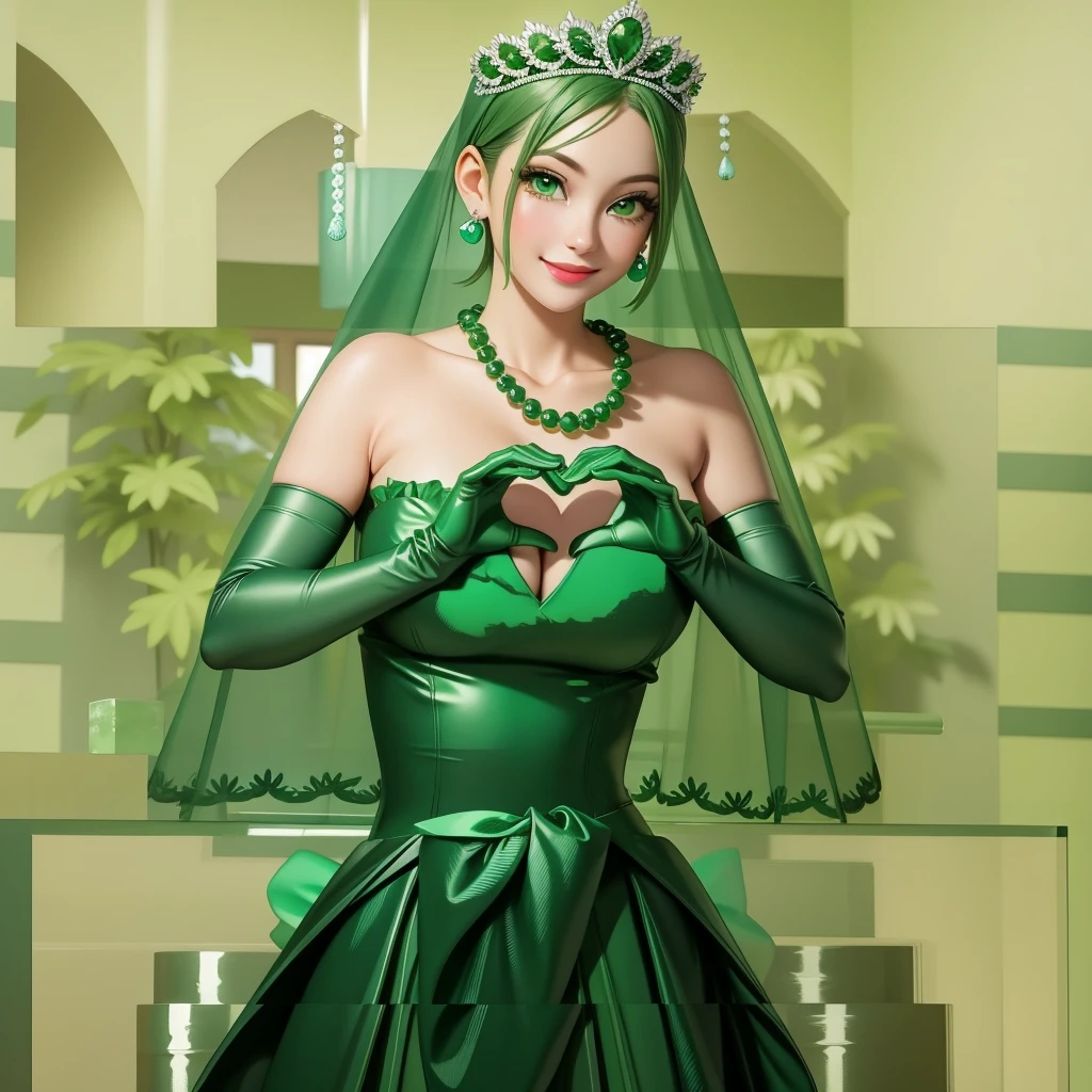 Emerald tiara, Green Pearl Necklace, ボーイッシュな非常に短いGreen Hair, Green Lips, Smiling Japanese woman, Very short hair, Busty beautiful lady, Green Eyes, Green satin long gloves, Green Eyes, Emerald Earrings, Green veil, Heart with both hands, Green Hair, Beautiful Japanese Woman, Heart shaped hands:1.3, green lip gloss
