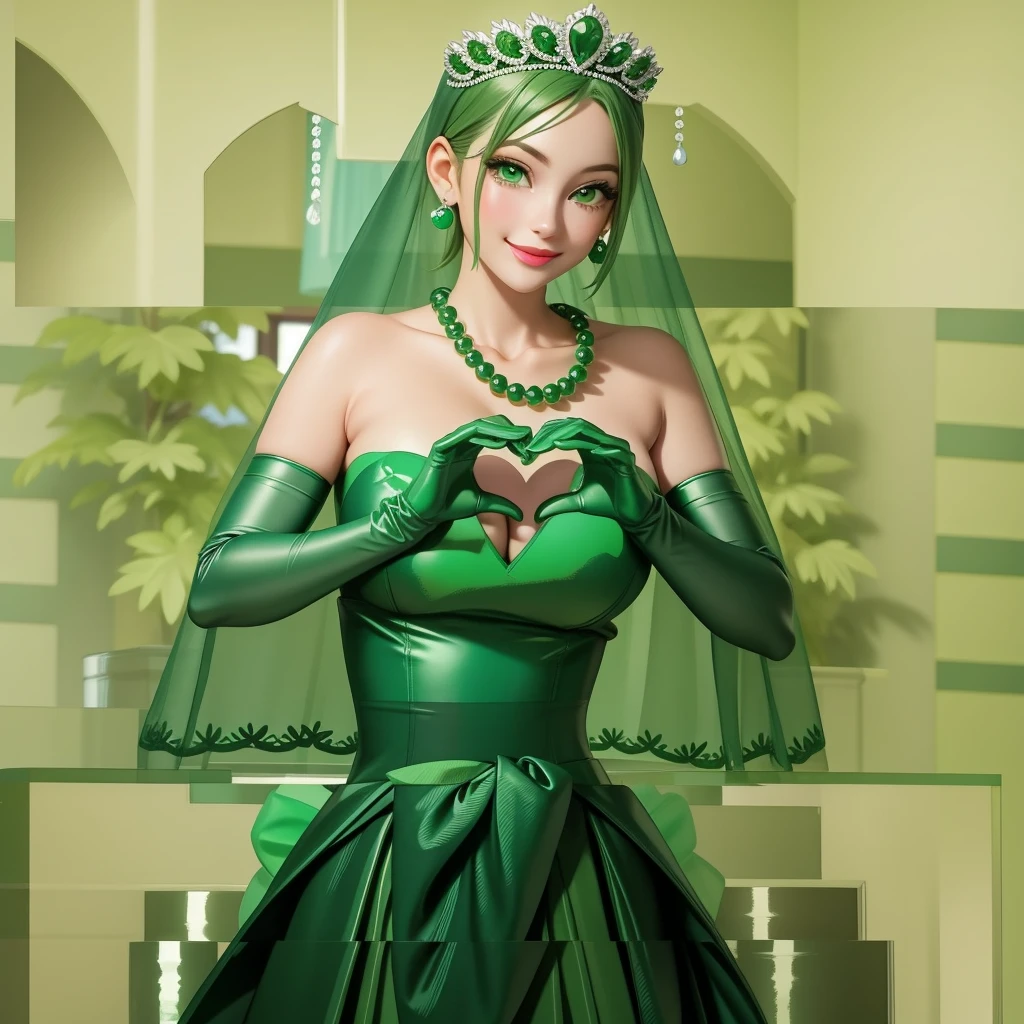 Emerald tiara, Green Pearl Necklace, ボーイッシュな非常に短いGreen Hair, Green Lips, Smiling Japanese woman, Very short hair, Busty beautiful lady, Green Eyes, Green satin long gloves, Green Eyes, Emerald Earrings, Green veil, Heart with both hands, Green Hair, Beautiful Japanese Woman, Heart shaped hands:1.3, green lip gloss