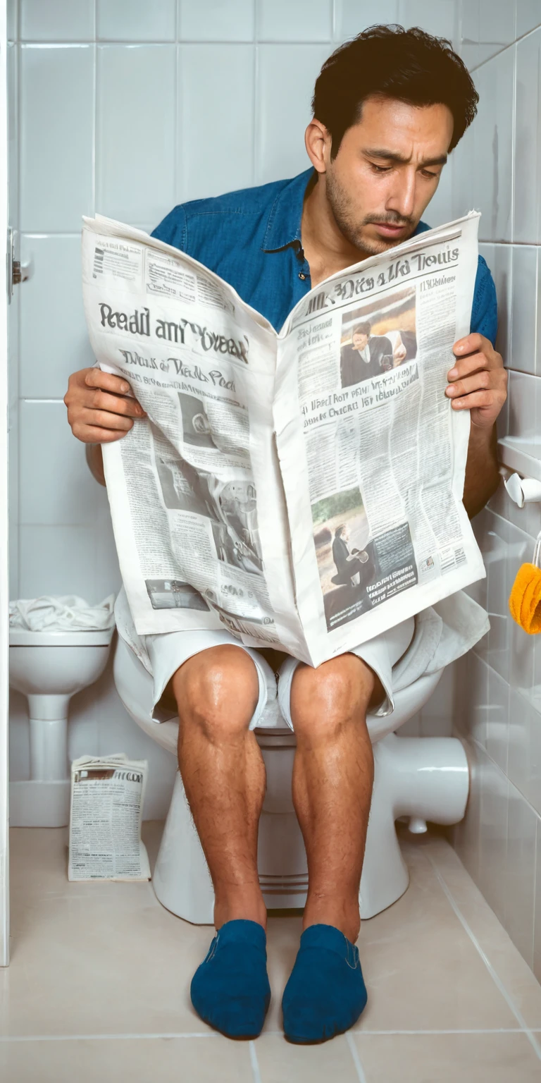Realism,photography,8K,detail,Man sitting on toilet and reading newspaper