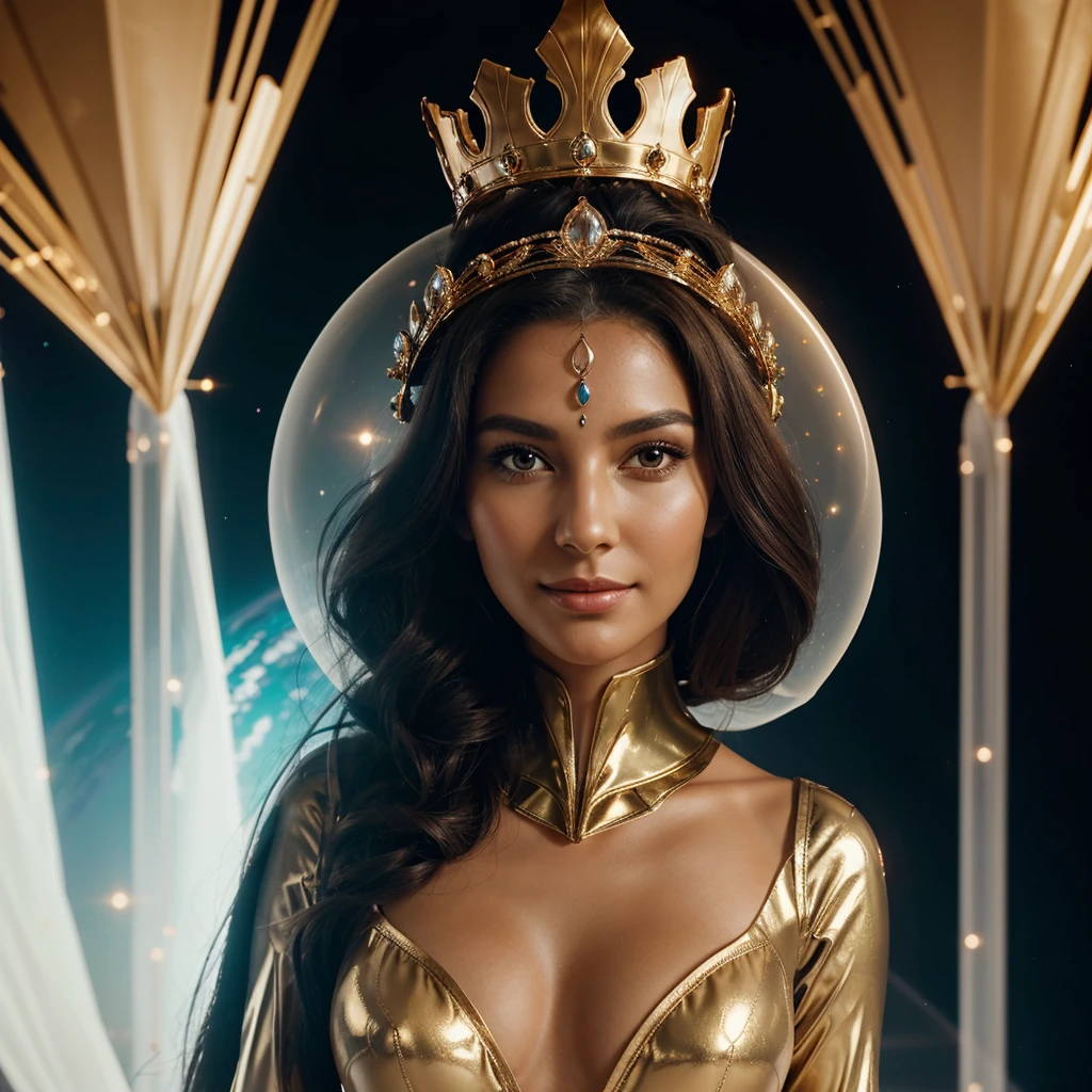 Woman in an elegant headdress, resembling a crown.
full height, with smooth and feminine shapes.
A face with a mysterious smile, glowing lines on the skin.
Translucent suit with metallic inserts, form-fitting and flattering.
Background: space landscape or the inside of a spaceship.
 confident look.