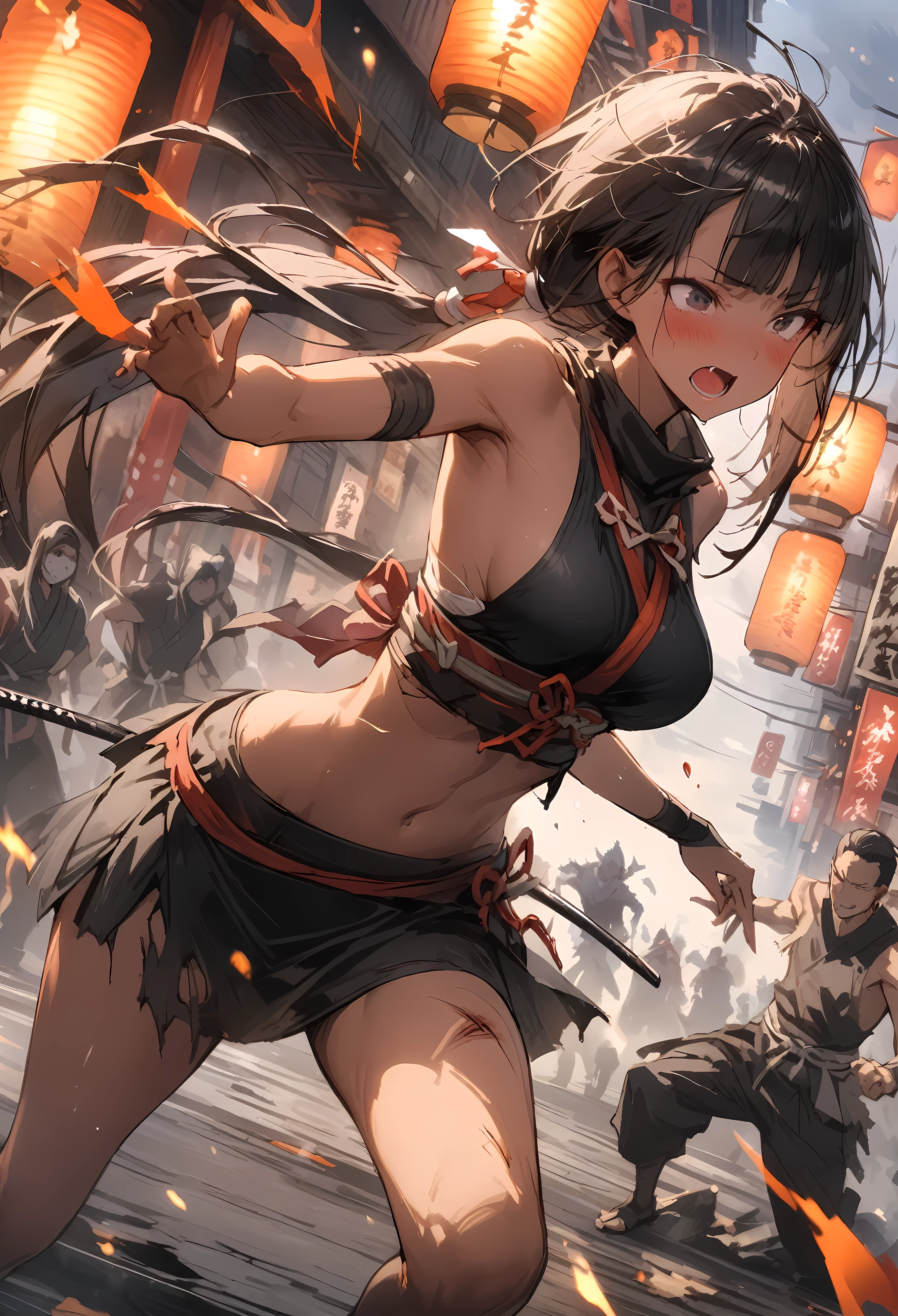Action Scenes、(A female ninja who fights countless monsters),((masterpiece,Highest quality:1.3,best quality illustration)), solo,1woman,(Mature Japan beauties)、black hair,(low ponytail hair style),long hair,blunt bangs,black eyes,gorgeous eyes,((very small head:1.3)),blush,pain,((very long body:1.2)),medium breasts,(tan skin), (gleaming skin,toned body,slender body, skinny),(Torn black female ninja costume、Injury:1.5,No sleeve、Black mini skirt),Fighting spirit,Urban area,Collapsed Buildingoonlit Night、Modern Tokyo、