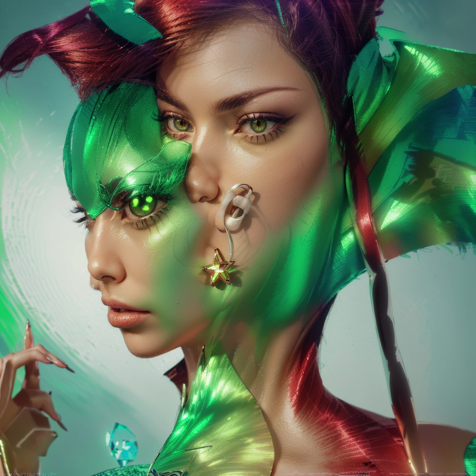 Master Piece, best quality, (extremely detailed CG unity 8k wallpaper), (best quality) 8k detail. painting of a beautiful woman with slick pulled back hair, green eye shadow, green eye lashes,  shiny red star diamond hoop earing. red glossy lips,  illustrated by Paris Karounos