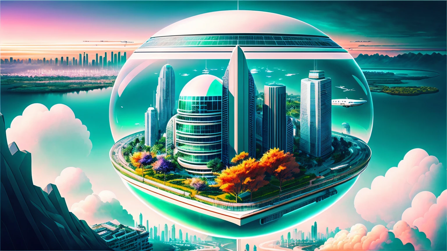 (Best quality,4K,8K,A high resolution,Masterpiece:1.2),Ultra-detailed,(Realistic,Photorealistic,photo-realistic:1.37),Futuristic floating city,Futuristic technology,Huge urban high-tech tablet platform,Airship,Floating in the sky,Futuristic city,Small airships around,High-tech hemispherical platform,Colorful lights,Advanced architecture,modernn architecture,skyscrapper,Access the cloud,Scenic beauty,view over city,Impressive design,Blend seamlessly with nature,energetic and vibrant atmosphere,Futuristic transportation system,Parking is suspended,Transparent path,Lush greenery,Sky gardens,cascading waterfalls,Magnificent skyline,reflections on the water,Sparkling river,Architectural innovation,futuristic skyscrapers,Transparent dome,The shape of the building is unusual,Elevated walkway,Impressive skyline,Glowing lights,Futuristic technology,Minimalist design,Scenic spots,Panoramic view,Cloud Piercing Tower,Vibrant colors,epic sunrise,epic sunset,Dazzling light display,magical ambiance,The future city,Urban Utopia,LuxuryLifestyle,Innovative energy,sustainable development,Smart city technology,Advanced infrastructure,Tranquil atmosphere,Nature and technology live in harmony,Awesome cityscape,Unprecedented urban planning,Architecture connects seamlessly with nature,High-tech metropolis,A cutting-edge engineering marvel,The future of urban living,Visionary architectural concept,Energy-efficient buildings,Harmony with the environment,A city floating above the clouds,Utopian dreams become reality,The possibilities are endless,State-of-the-art transportation network,Green energy integration,Innovative materials,Impressive holographic display,Advanced communication system,Breathtaking aerial view,Quiet and peaceful environment,Modernist aesthetics,Ethereal beauty