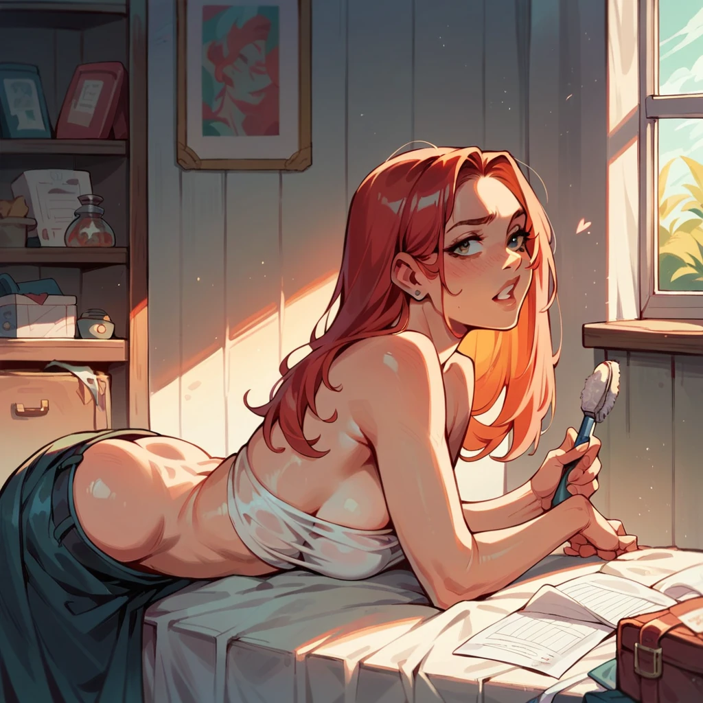 a European woman as a cleaning assistant in a 1 room apartment, Red-Haired, lightly dressed