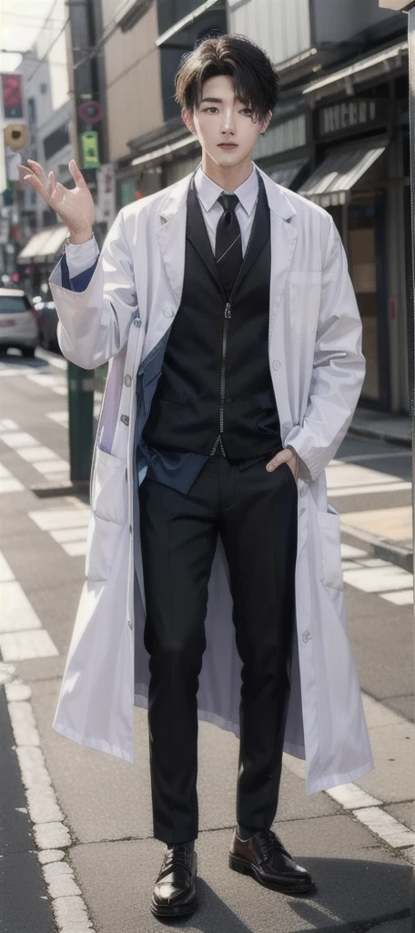 (Fair skin),((white lab coat)), (black hoodie underneath),Iris,(gender: Natural Face),(Japanese),(leather shoes),long body,handsome young asian man, Japanese idol style, short clean-cut hair, (center part), calm confident expression, hands in lab coat pockets, plain white background, portrait, high quality, detailed, 8K