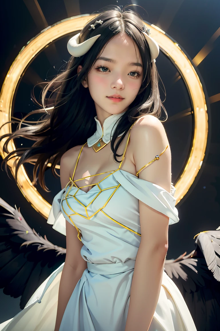 Masterpiece, Best quality, Ultra-detailed, illustration, epic lighting, Cinematic composition, isometry,(hexagons:1.2), 1girll, Horns, Solo, Yellow eyes, Black hair, Long hair, (Low wing:1.2), Large cleavage, Bare shoulders, hair between eye, Medium breasts, (White dress:1.1), Golden decoration, Detached collar, view the viewer, Semi-closed Eyes, (view the viewer:1.1), parted lip, Blush, Black feathers fall, Arena, particle fx, (8K:1.1)