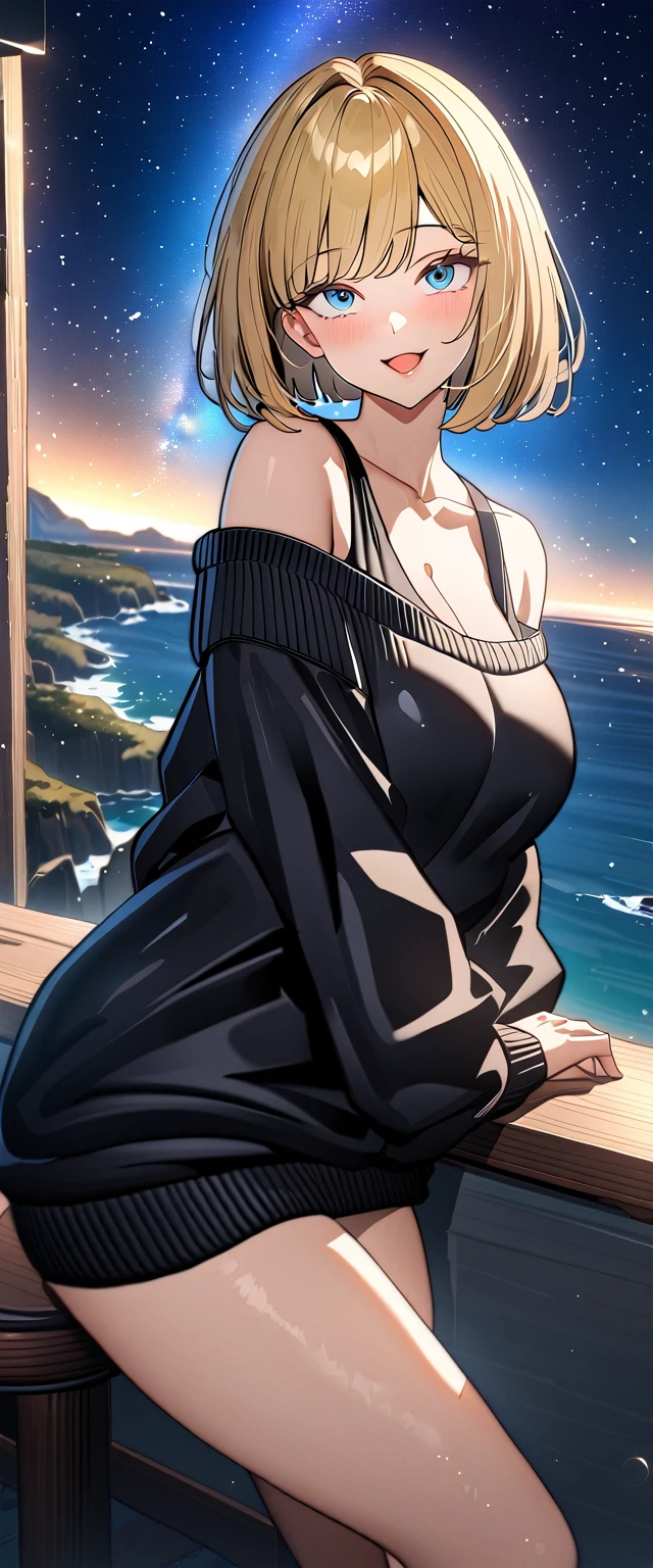 ((ahegao)), ((off-shoulder sweater:1.3, Quite thick shoulder straps)), ((black sweater)), ((blond hair, bob cut:1.3)), ((sunglasses, hand to sunglasses)), (((from side))), ((((upper body)))), bare legs, ((Leaning to side)), (((a beautiful starry sky, the Milky Way shining beautifully in the night))), ((sitting on the very high cliff)), wavy hair, inward curled hair, ((sea, nature)), breasts, teenager, (looking at viewer), oversized clothes, puffy long sleeves, collarbone, head tilt:1.3, (((blue eyes))), happy smile, (((anime style))), (best quality, 4K, 8K, highres, masterpiece:1.2, ultra-detailed, ultra-detailed eyes, HDR, uhd, studio lighting, ultra-fine painting, sharp focus, physically-based rendering, extreme detail description, professional, vivid colors, bokeh)