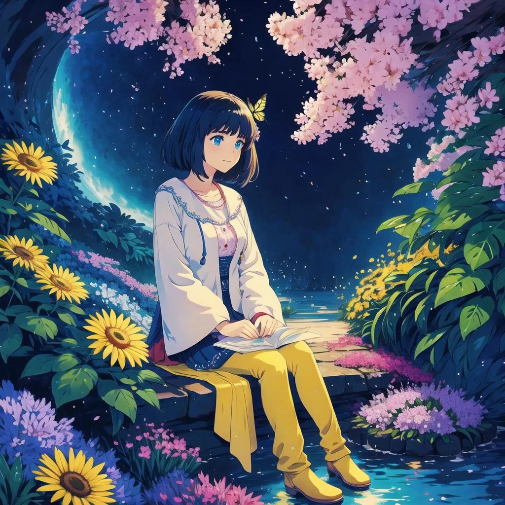 sunshine, Milky Way, flower garden, light, butterfly, Girl sitting, See, shade, Girl, colorful, Iridescent, Aquarell, cheerful, uhd, 1080x1920