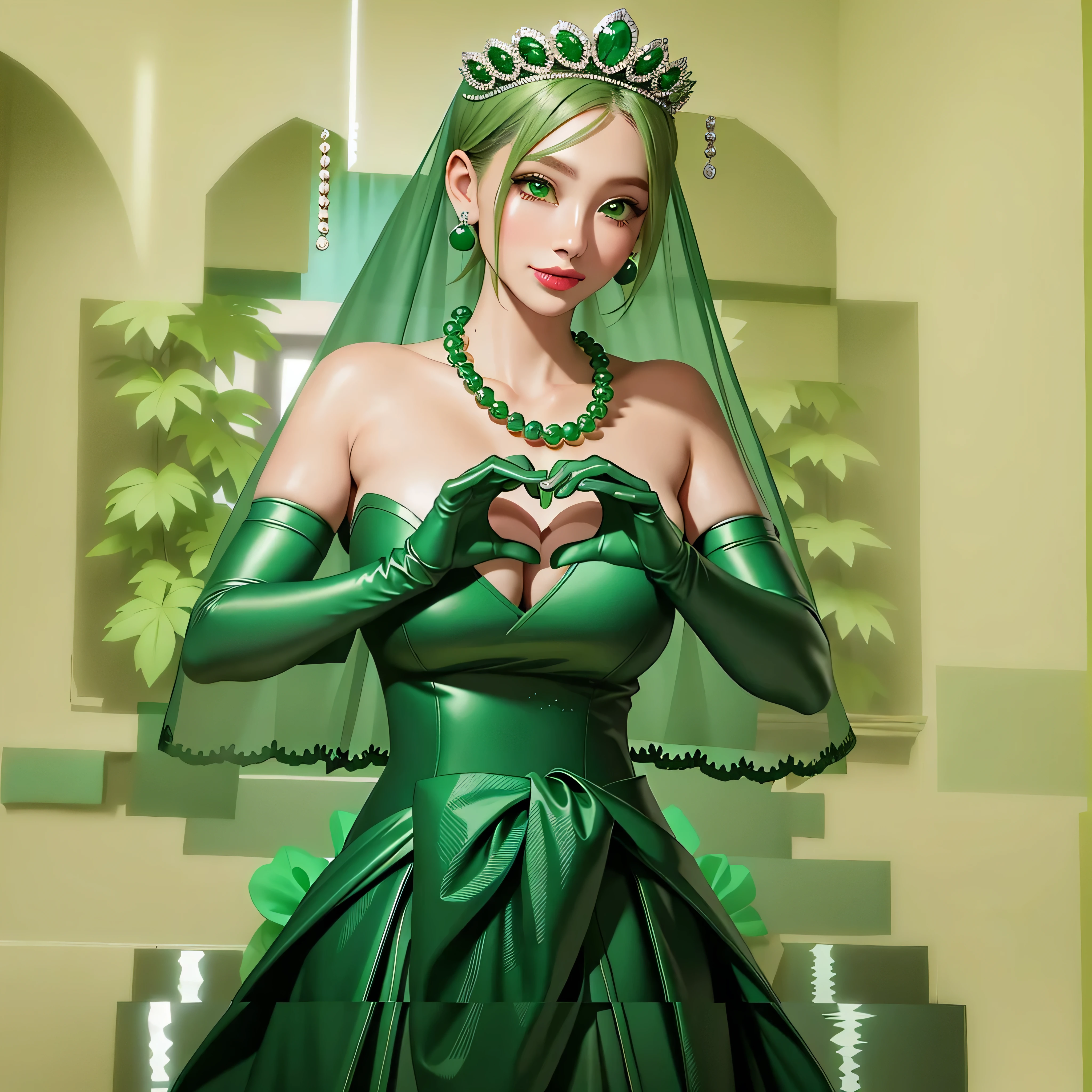 emerald tiara, Green Pearl Necklace, Boyish very short green hair, Green Lips, Smiling Japanese woman, Very short hair, Busty beautiful lady, Green Eyes, Green satin long gloves, Green Eyes, Emerald Earrings, Green veil, Heart with both hands, Green Hair, Beautiful Japanese Women, Heart shaped hands:1.3, green lip gloss