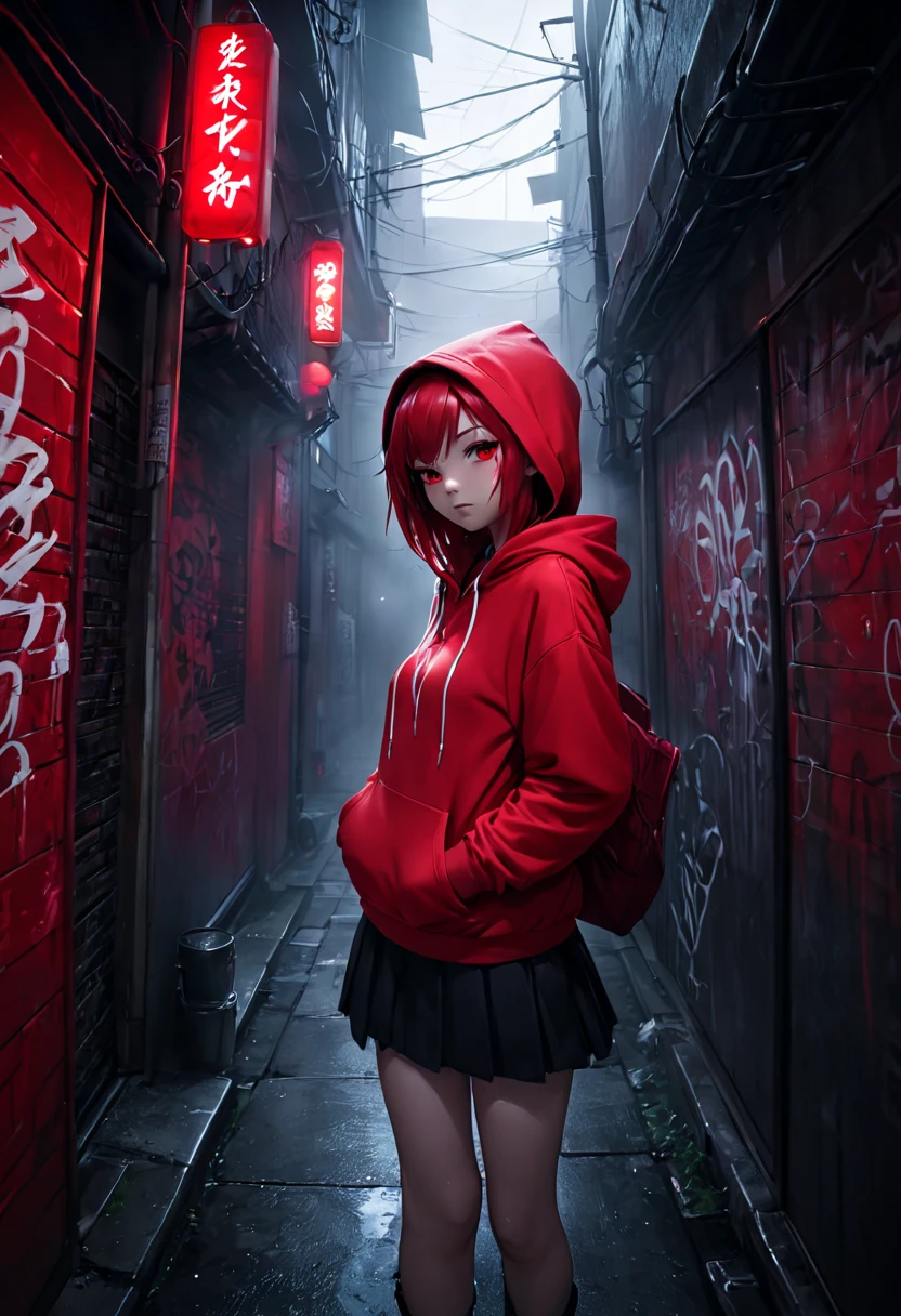 1girl, red hoodie, wearing the hood, red hair, red eyes, dark alley, red graffiti, japanese led, fog, 8k, ambient occlussion, focus on subject