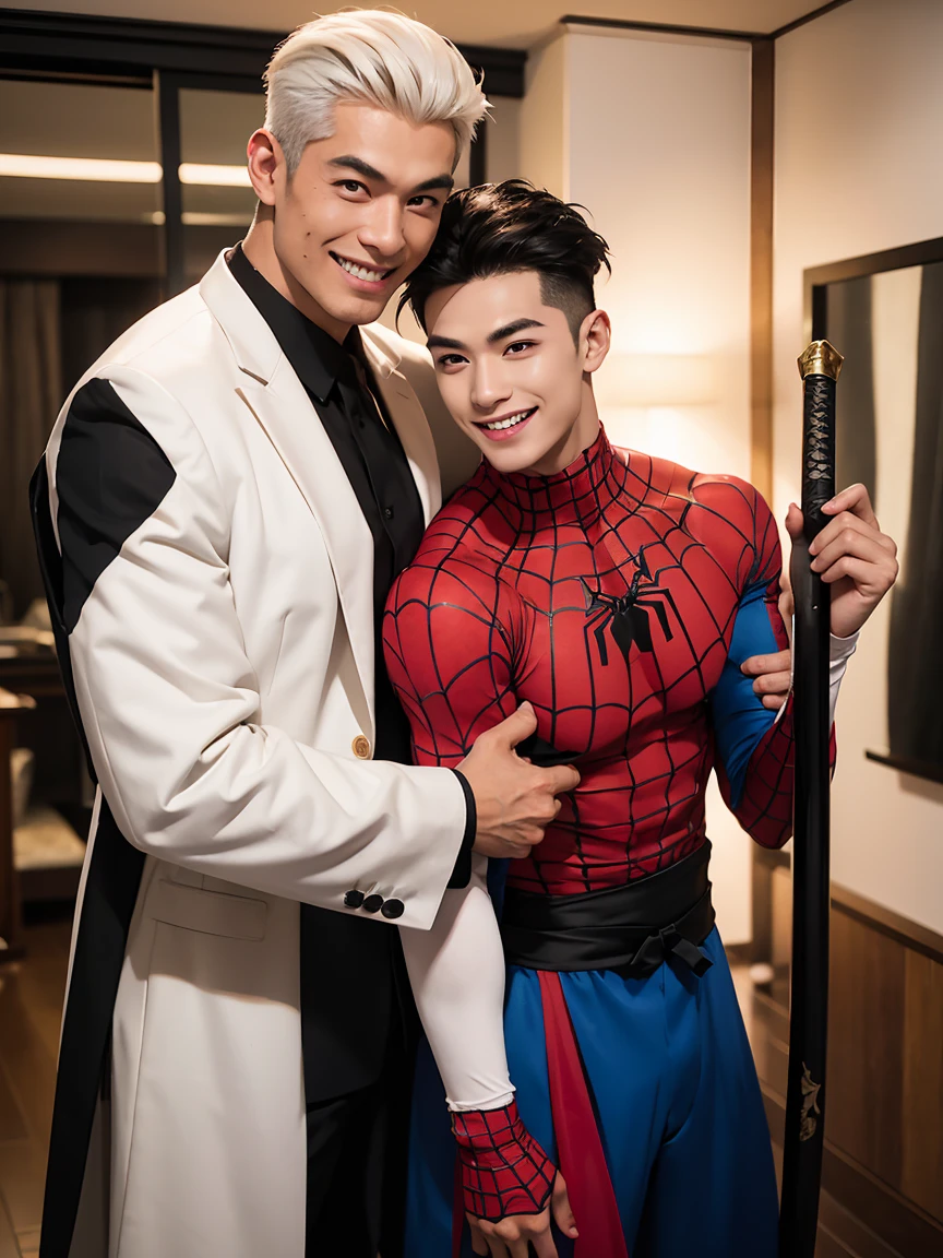 A man with black hair, pink highlights, black eyes, a handsome face, two moles under the eyes, a mischievous smile, eyebrow piercing, nose piercing, wearing a Spider-Man costume. Face looks like a Chinese man A little muscular sexy poses and hugged the neck of a tall man with white hair, red eyes, and a mischievous smile. Wear a white suit and have long hair. His face was handsome, tall, muscular, and smiling. He held a katana.