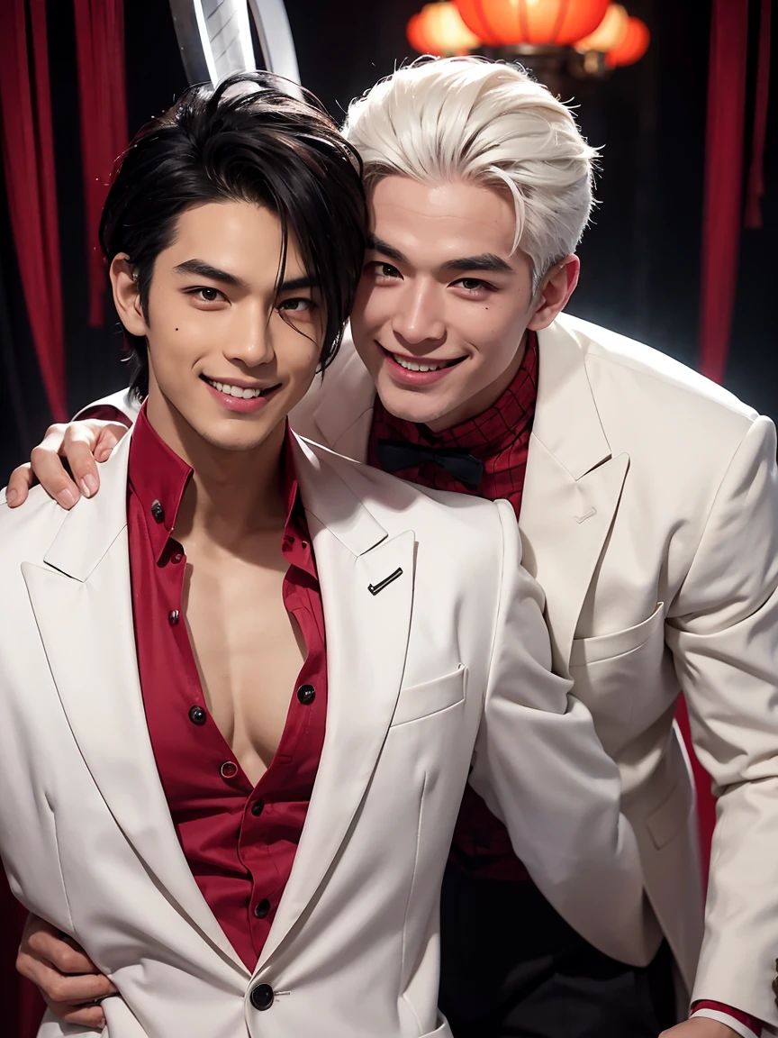 A man with black hair, pink highlights, black eyes, a handsome face, two moles under the eyes, a mischievous smile, eyebrow piercing, nose piercing, wearing a Spider-Man costume. Face looks like a Chinese man A little muscular sexy poses and hugged the neck of a tall man with white hair, red eyes, and a mischievous smile. Wear a white suit and have long hair. His face was handsome, tall, muscular, and smiling. He held a katana.