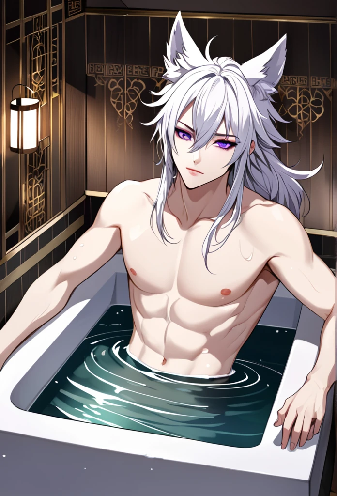 create panel in the art style of mo dao zu shi hybrid character with wolf ears,masculine and dominant gender, short wolfcut white hair , purple raven iris eyes,pale skin, inside a large public bathtub, sexy expression and slim defined body.