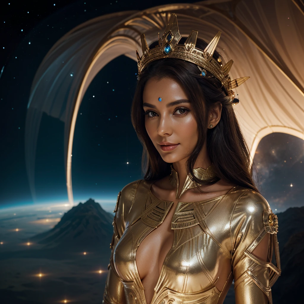 Woman in an elegant headdress, resembling a crown.
full height, with smooth and feminine shapes.
A face with a mysterious smile, glowing lines on the skin.
Translucent suit with metallic inserts, form-fitting and flattering.
Background: space landscape or the inside of a spaceship.
confident look.