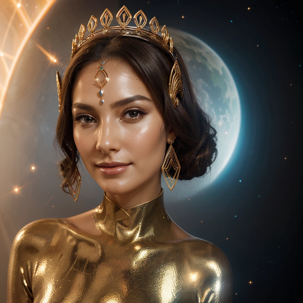 Woman in an elegant headdress, resembling a crown.
full height, with smooth and feminine shapes.
A face with a mysterious smile, glowing lines on the skin.
Translucent suit with metallic inserts, form-fitting and flattering.
Background: space landscape or the inside of a spaceship.
confident look.