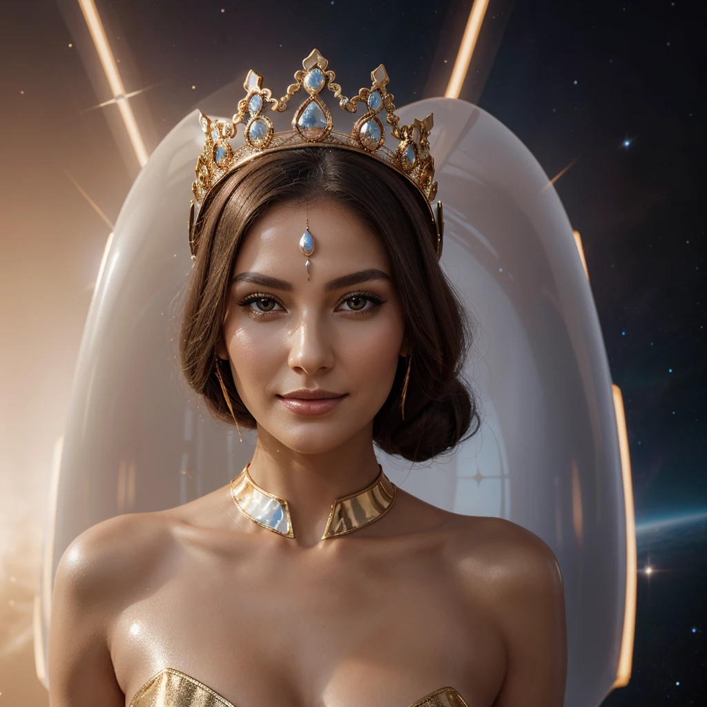 Woman in an elegant headdress, resembling a crown.
full height, with smooth and feminine shapes.
A face with a mysterious smile, glowing lines on the skin.
Translucent suit with metallic inserts, form-fitting and flattering.
Background: space landscape or the inside of a spaceship.
confident look.