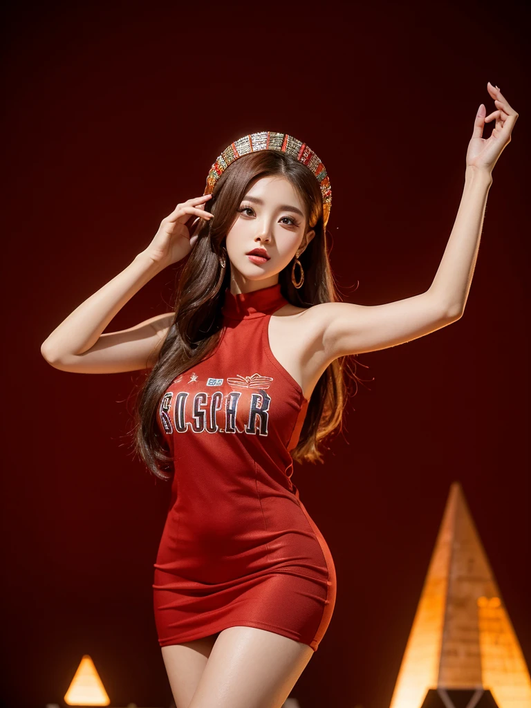 Beautiful woman wearing a red brown While standing wearing swag style clothes mini dress with decorations on the shirt and visible shoulders and wearing boots and being photographed with a background And was on top of the Pyramid ,Korean style swag, beautiful face so gorgeous, Beautiful eyes, y2k style,