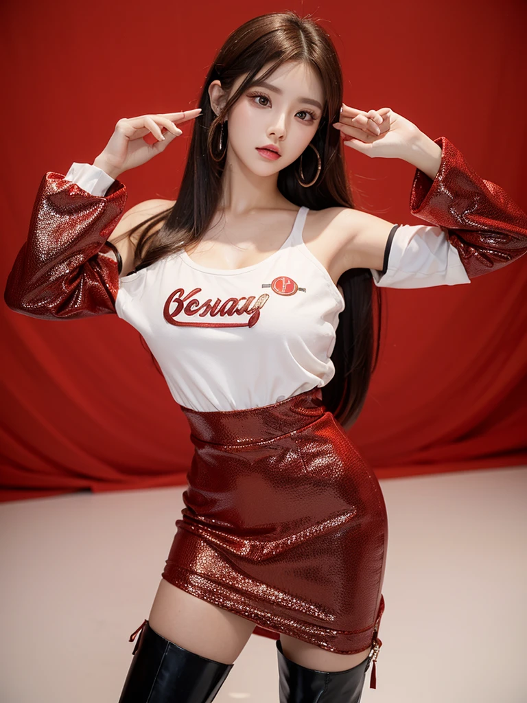 Beautiful woman wearing a red brown While standing wearing swag style clothes mini dress with decorations on the shirt and visible shoulders and wearing boots and being photographed with a background And was on top of the Pyramid  ,Korean style swag, beautiful face so gorgeous, Beautiful eyes, y2k style,