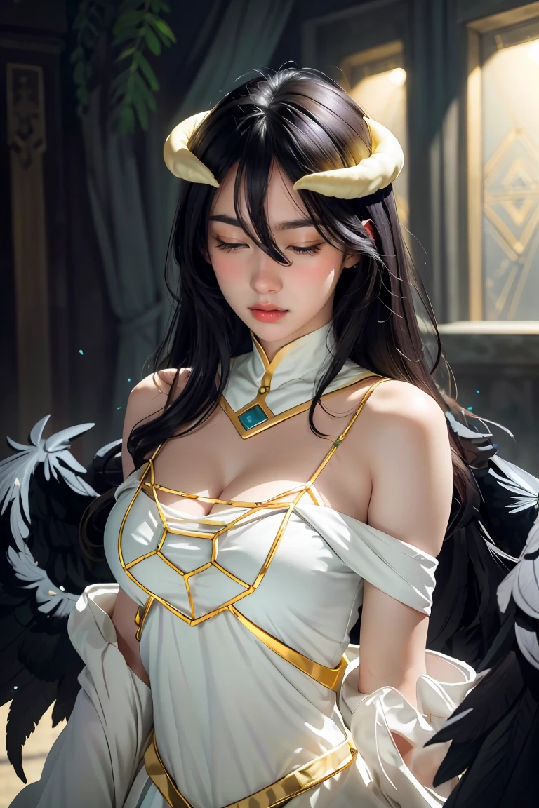 Masterpiece, Best quality, Ultra-detailed, illustration, epic lighting, Cinematic composition, isometry,(hexagons:1.2), 1girll, Horns, Solo, Yellow eyes, Black hair, Long hair, (Low wing:1.2), Large cleavage, Bare shoulders, hair between eye, Medium breasts, (White dress:1.1), Golden decoration, Detached collar, view the viewer, Semi-closed Eyes, (view the viewer:1.1), parted lip, Blush, Black feathers fall, Arena, particle fx, (8K:1.1)