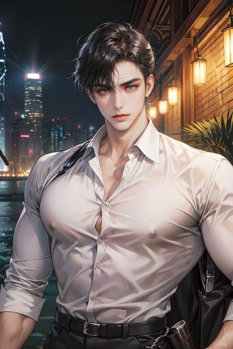 (absurdres, highres, ultra detailed, original character, HDR), 1 boy, solo, adult, handsome, ((tall muscular guy, broad shoulders)), finely detailed eyes, (black hair), hair between eyes, turquoise eyes, holographic, futuristic, casual and sexy outfit, gun holster, (body tight white shirt), ((large man breasts)), ((wearing an earring)), (portrait), dutch angle, face focused, british colonial scenery, dystopian hong kong city, skyscrapers, closed mouth, looking at viewer, depth of field, bokeh