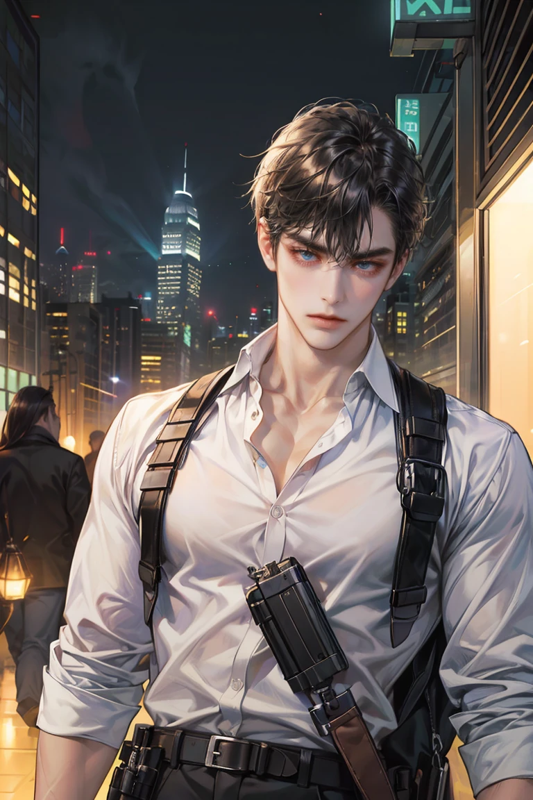 (absurdres, highres, ultra detailed, original character, HDR), 1 boy, solo, adult, handsome, ((tall muscular guy, broad shoulders)), finely detailed eyes, (black hair), hair between eyes, turquoise eyes, holographic, futuristic, casual and sexy outfit, gun holster, (body tight white shirt), ((large man breasts)), ((wearing an earring)), (portrait), dutch angle, face focused, british colonial scenery, dystopian hong kong city, skyscrapers, closed mouth, looking at viewer, depth of field, bokeh