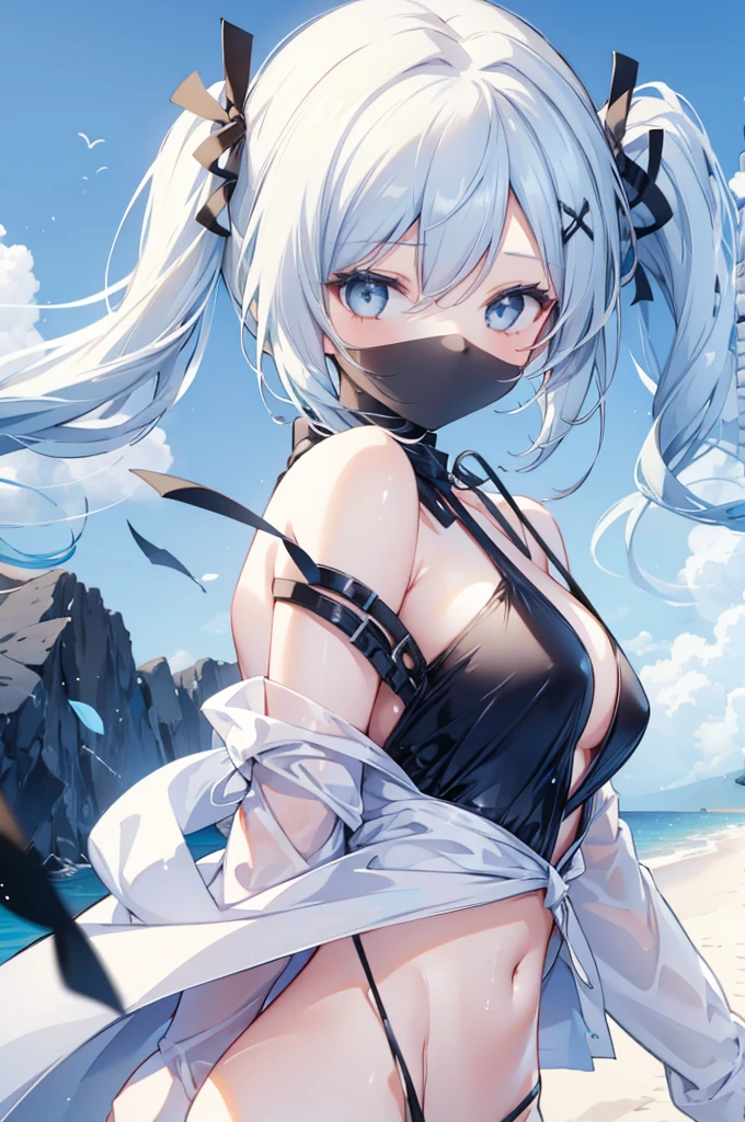 upper body, 1girl, wallpaper, light particles, beach, background, look at viewer, light blue hair, long hair, twintails, white eyes, bikini, ninja mask