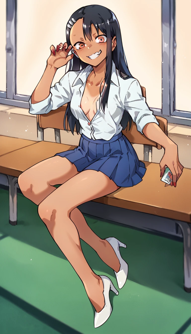 Hayase Nagatoro, White unbuttoned shirt, blue pleated skirt, white heels, red nails 